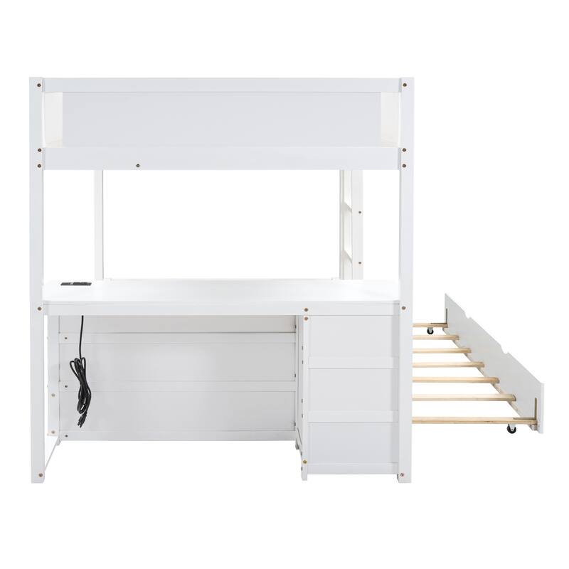Full-Over-Full Bunk Bed with Twin Trundle, Storage Desk, White