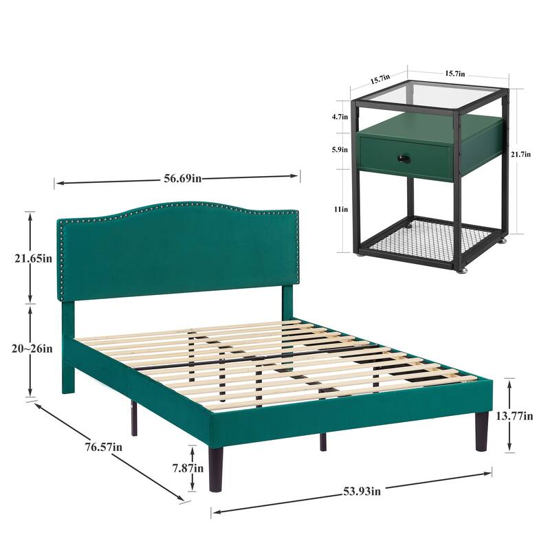 VECELO, Five Colors, 3-Pieces Upholstered Platform Bed Frame with Adjustable Headboard and Nightstands Set of 2