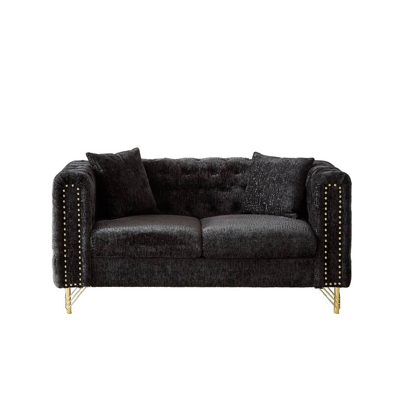 Modern 60-Inch Chenille Sofa, Chesterfield Pull-Buckle Design with Copper Nail Decor, Upholstered 2-Seater Couch