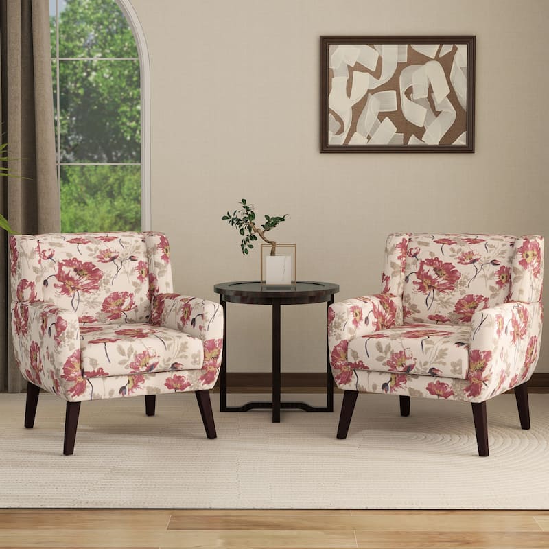Set of 2 Modern Accent Chair Cotton Linen Upholstered Armchair for Living Room - Pattern - Pattern White