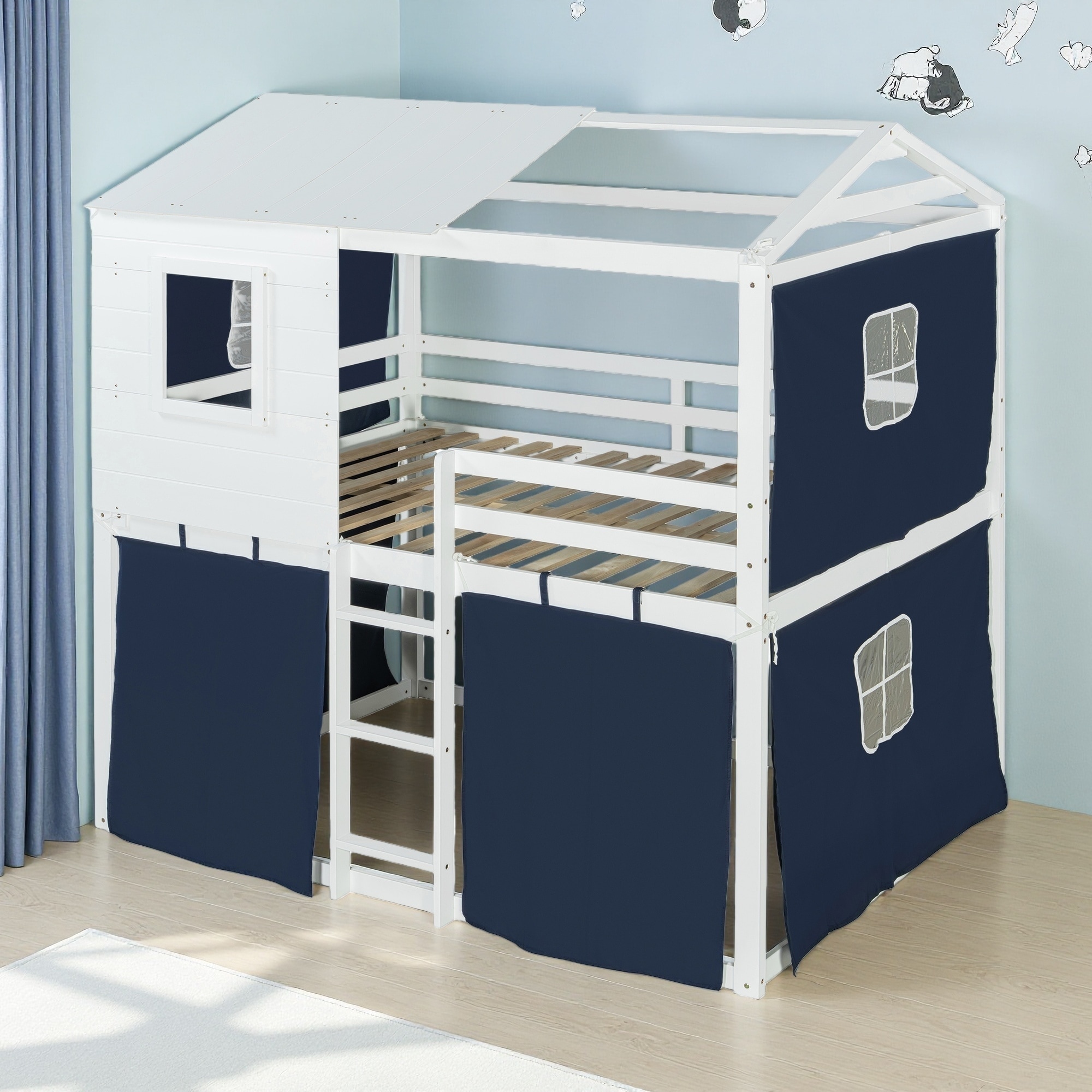 Full Size Wood House Bunk Bed with Tent