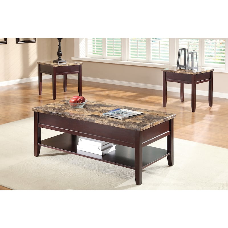Dark Cherry Finish Wooden Lift Top Cocktail Table with Storage Shelf Faux Marble Top 1pc