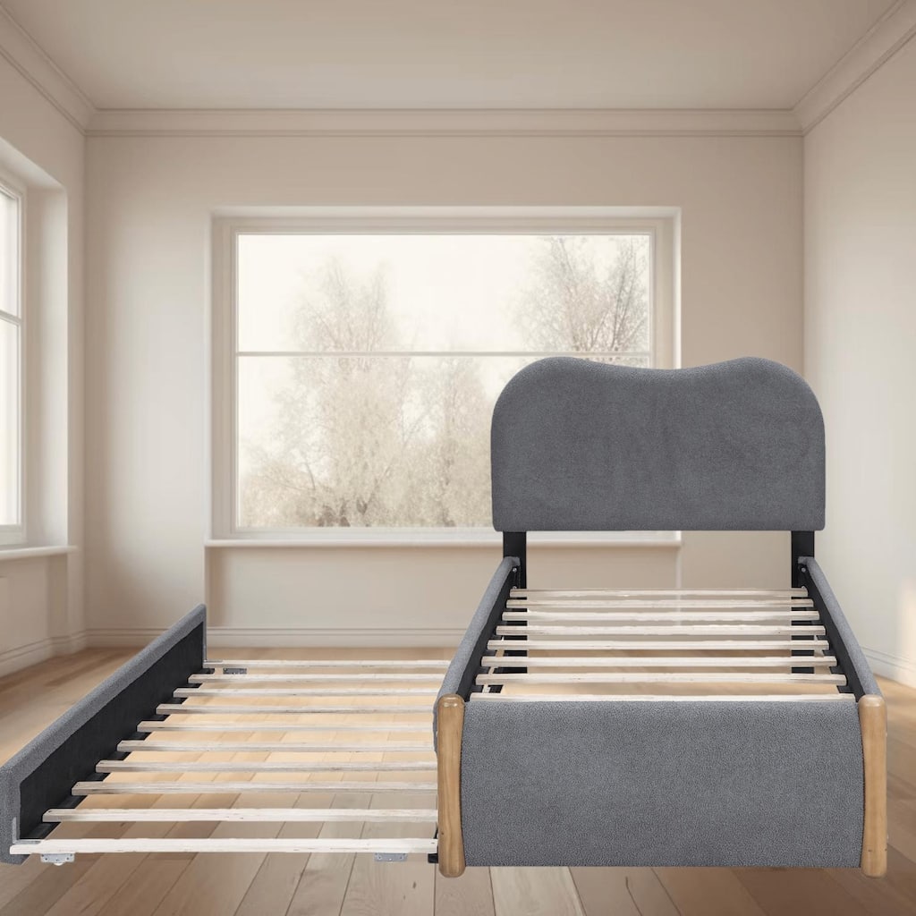 Twin Size Upholstered Platform Bed Frame with Trundle and Wood Supporting Feet, No Box Spring Needed, Bedroom Furniture