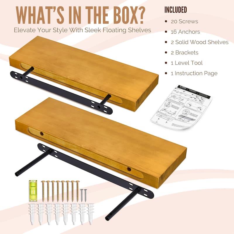 Solid Wood Floating Shelves for Wall, Set of 2 Wooden Wall-Mounted Shelves - 9” L X 24" W X 1.2” H