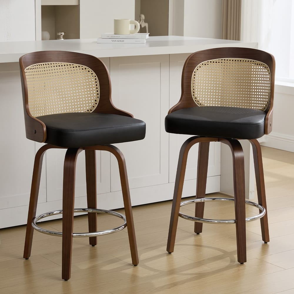 26" Upholstered Swivel Counter & Bar Stool with Rattan Back - 37.4"H x 19.09"W x 19.88"D