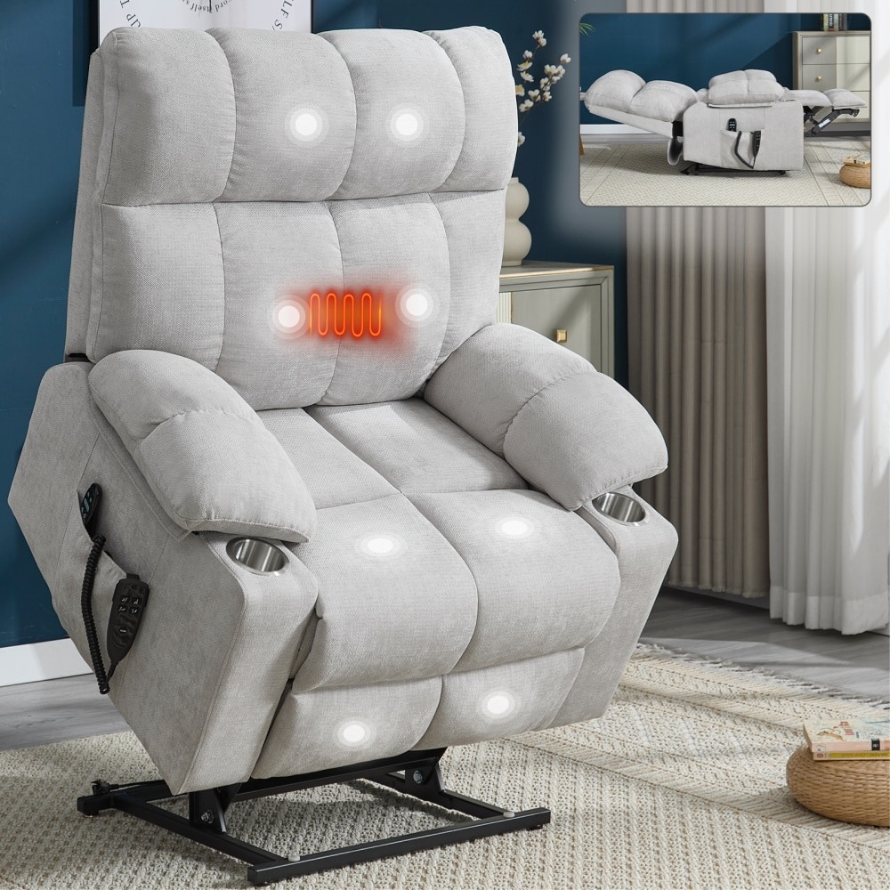 Dual Motor Infinite Position Chenille Power Lift Recliner Chair with 8-Point Vibration Massage and Lumbar Heating