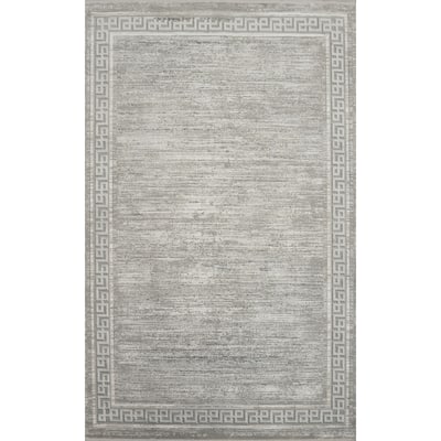 Machine Made Oriental Polyester Carpet Geometric Greys & Charcoal Distressed Area Rug - 7' 5'' X 5' 2''