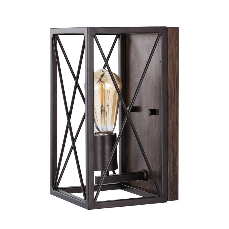 Arden X-Frame 6" 1-Light Farmhouse Rustic Iron LED Sconce, Oil Rubbed Bronze/Wood Finish by JONATHAN Y