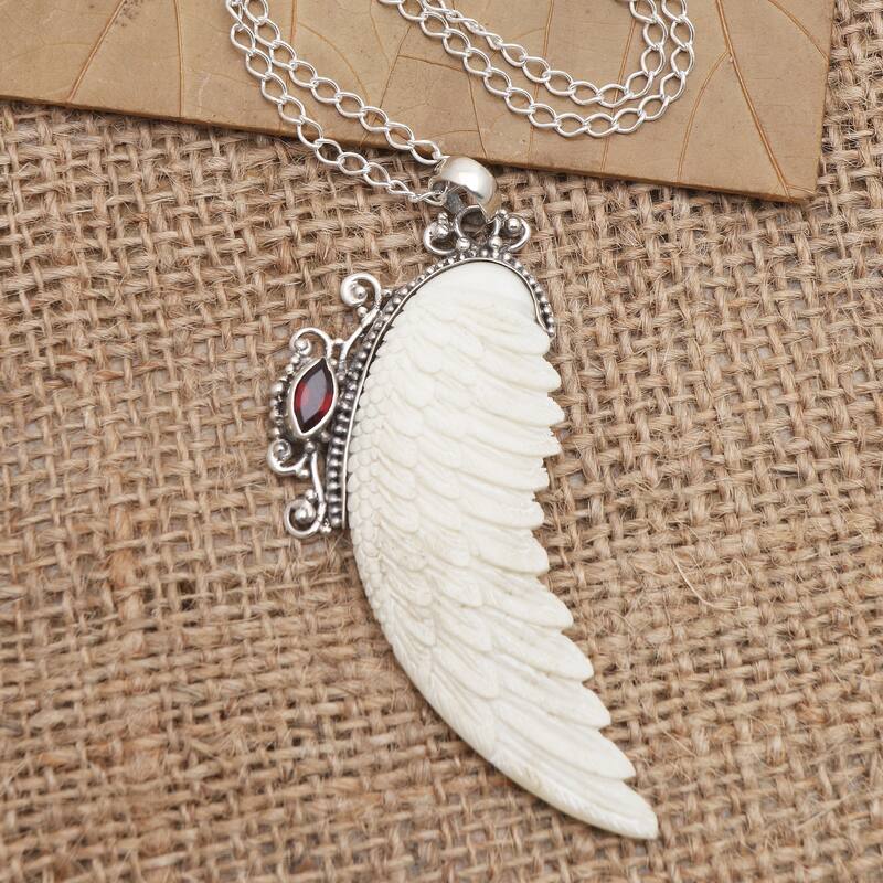 Novica Handmade Pale Angel Garnet Pendant Necklace - White