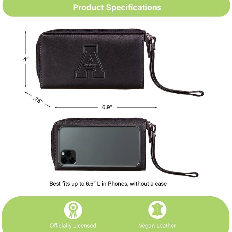 Black Hybrid Leather Cell Phone Wristlet Wallet, Appalachian State University - 4" x 7"