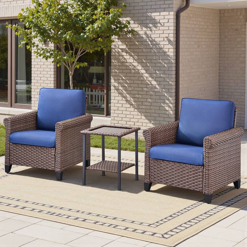Pocassy Outdoor Sofa with Patio Chairs Funiture Set - 3PCS Patio Chair w/ Table - Brown Wicker Beige Cushion
