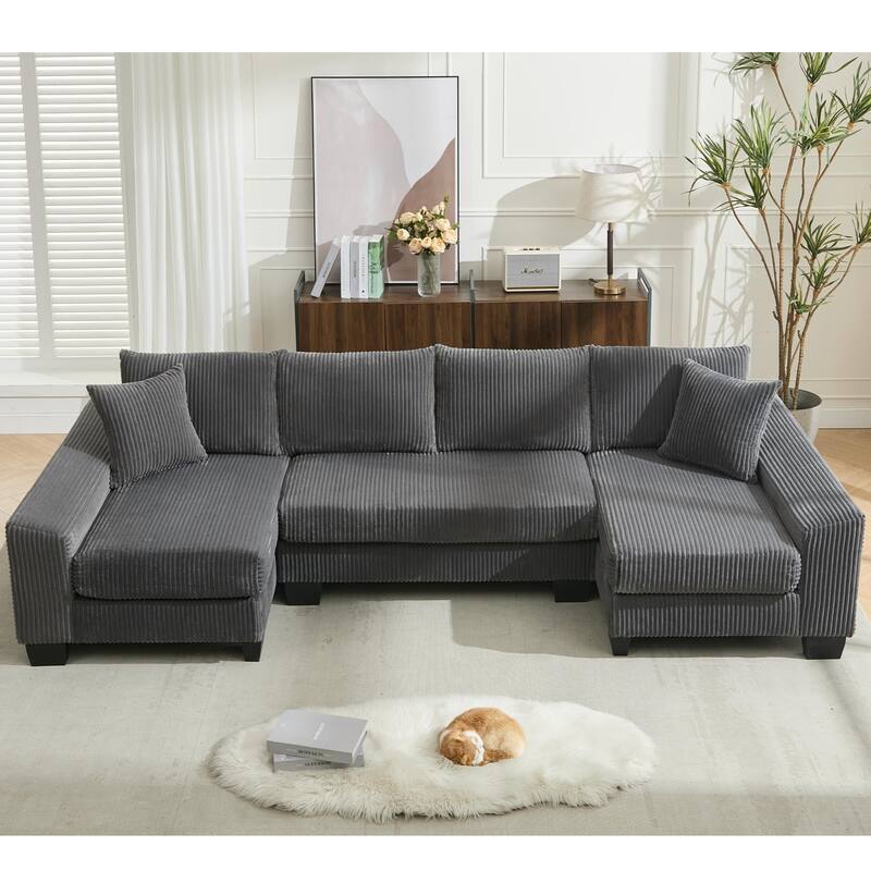 U Shaped Sofa Convertible Pull Out Sleeper Sofa Bed, 2 in 1 Recliner Sectional Couch, Corduroy Upholstery Daybed with Pillow
