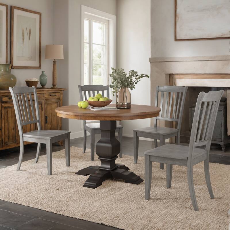 Ronda 45" Round Solid Wood Top Dining Set with Spindle Back Chairs - Antique Black Table - Antique Grey Chairs