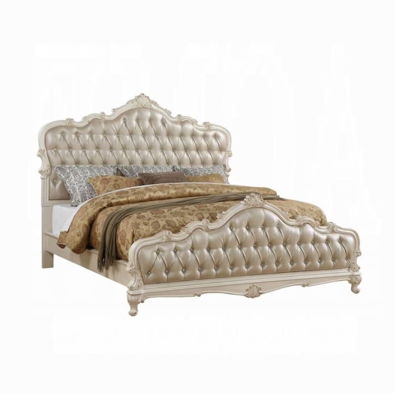 Classy Traditional Style Queen Bed, Gold and White