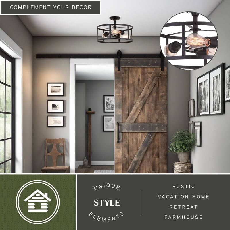 Akron 15-in W Bronze Farmhouse Round Cage Semi Flush Mount Ceiling Light - 15-in W x 10.25-in H x 15-in D