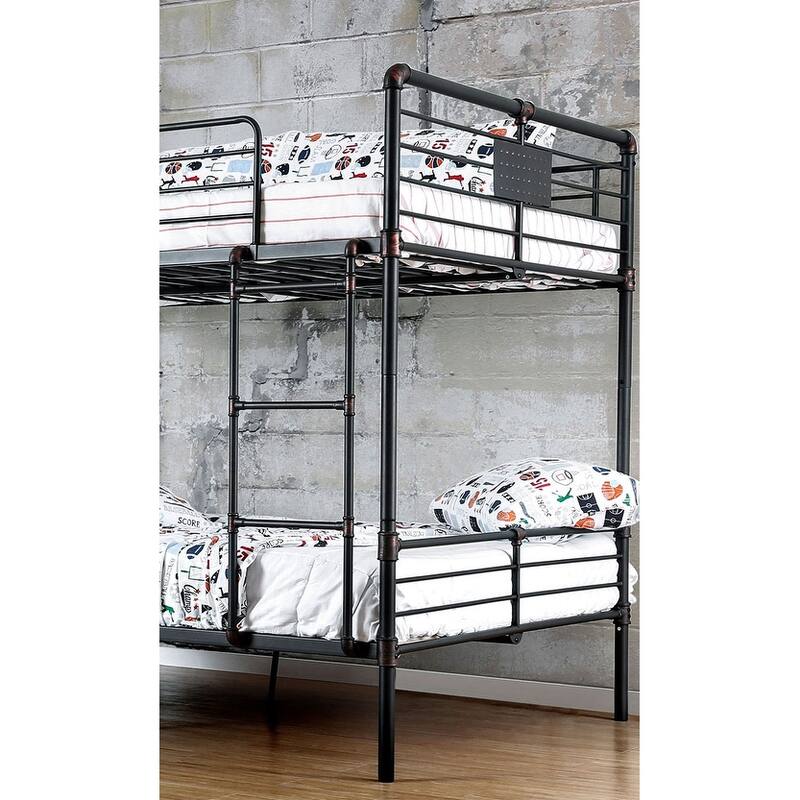 Full Over Full Metal Bunk Bed with Attached Ladder, Antique Black, Industrial Style