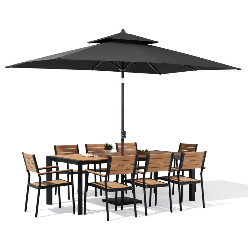 9/11-Piece Outdoor Patio Dining Set Aluminum Dining Table and Stackable Chairs w/10 ft Market Umbrella and Base