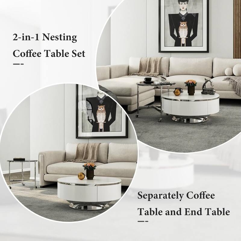 Nesting Coffee Table Set with End Table Round Coffee Table with 2 Storage Drawers