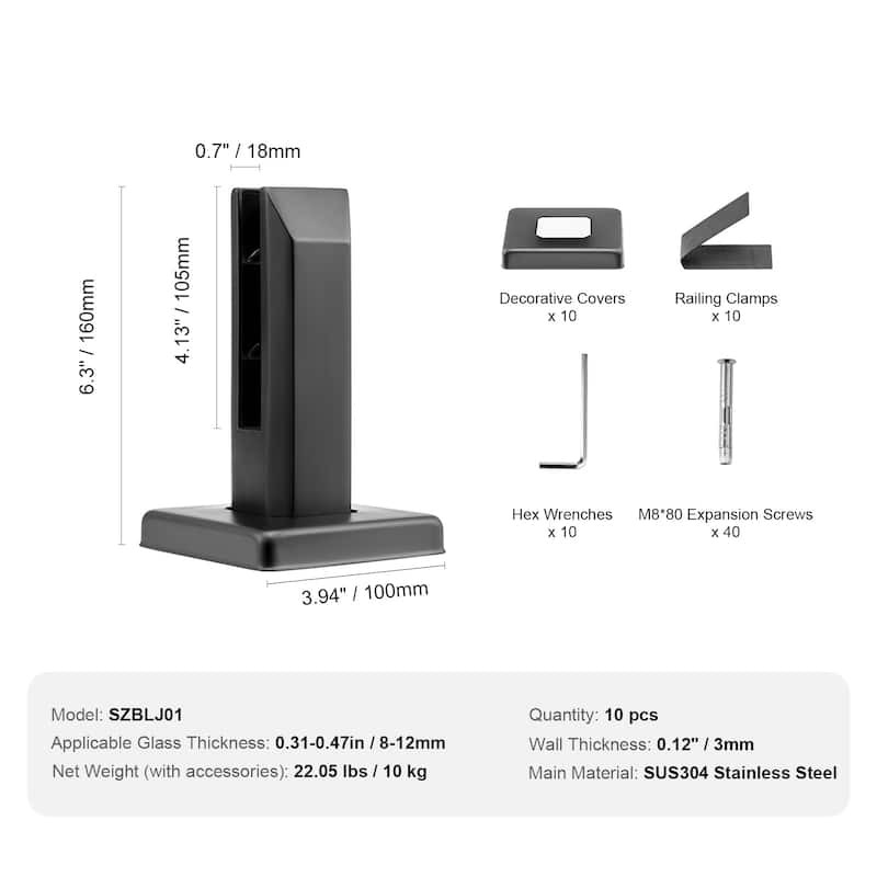 Glass Clamp, Square Glass Railing Bracket for 0.31 "-0.47 " Tempered Glass, 304 Stainless Steel Glass Mounting Clamp