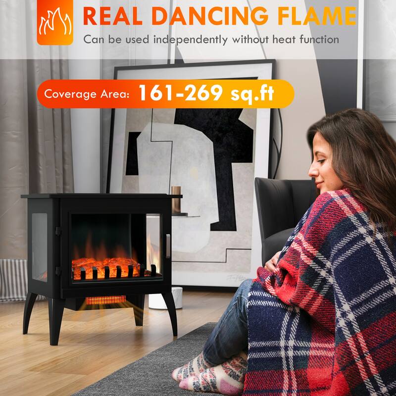 24" Electric Fireplace Stove, Freestanding Infrared Heater with Adjustable Temperature, Realistic Flame,Overheat Protection
