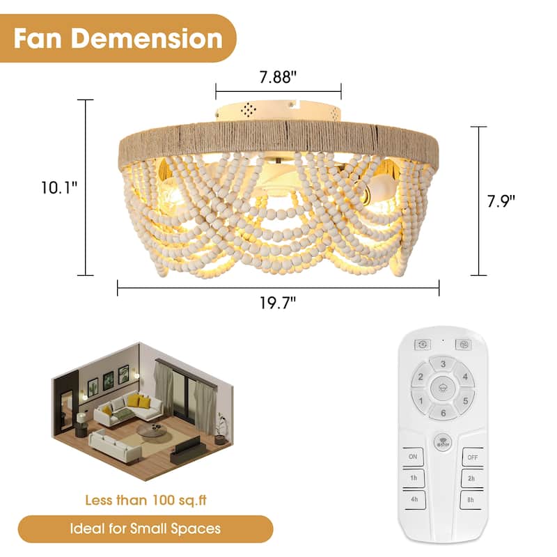 20" Smart Bohemian Wood Bead Beige Ceiling Fan with Remote and Light and APP Control - 19.7" D x 19.7" W x 10.1" H