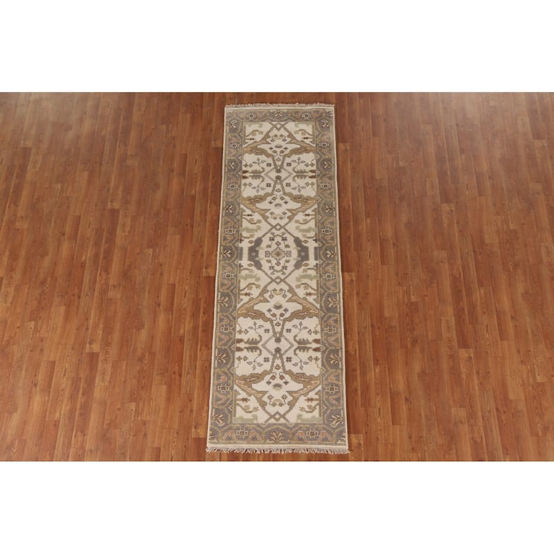 Floral Beige Oushak Oriental Runner Rug Handmade Wool Carpet - 2'7"x 7'10"