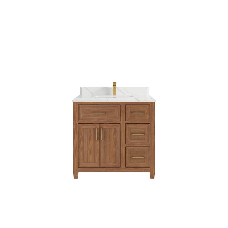 Willow Collections 36 in. W x 22 in. D Santa Monica Teak Bathroom Vanity Center with Countertop - 1.5”Calacatta Laza - Dark Natural Teak