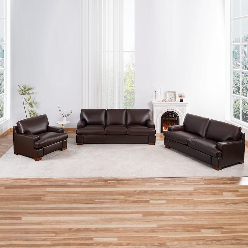 Genuine Leather Sofa Set - Chair, Loveseat & Sofa with Feather Cushions - 3-Piece-Sofa-Set