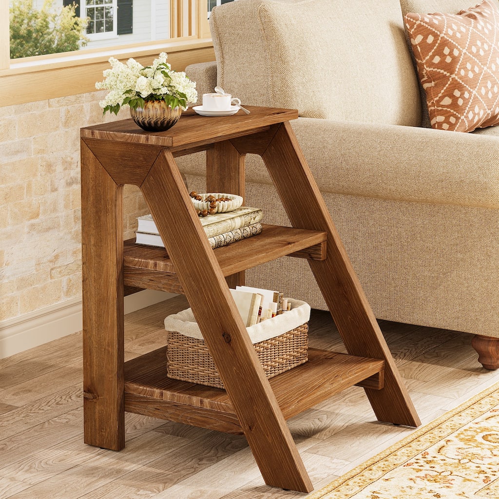 3-Tier Solid Wood End Table with Open Storage Shelves