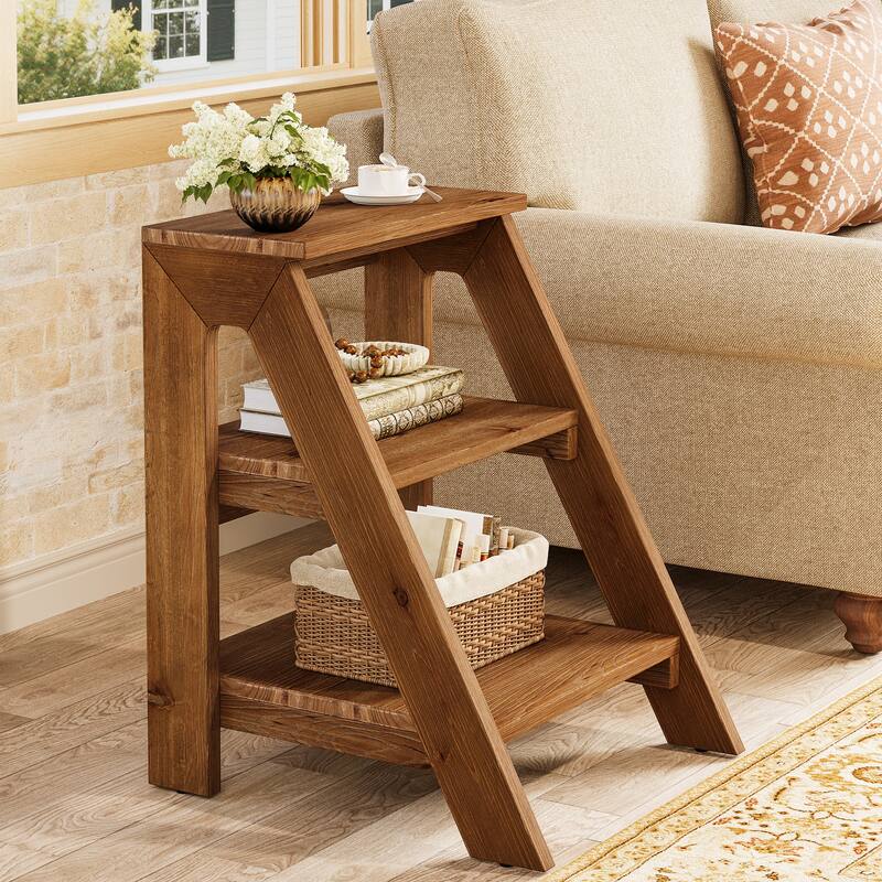 Solid Wood End Table with Storage Shelves, 3-Tier Ladder Shape Side Table