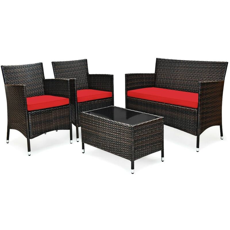 Rattan Patio Conversation Furniture Set with Glass Table and Comfortable Sofa - 4 Pcs