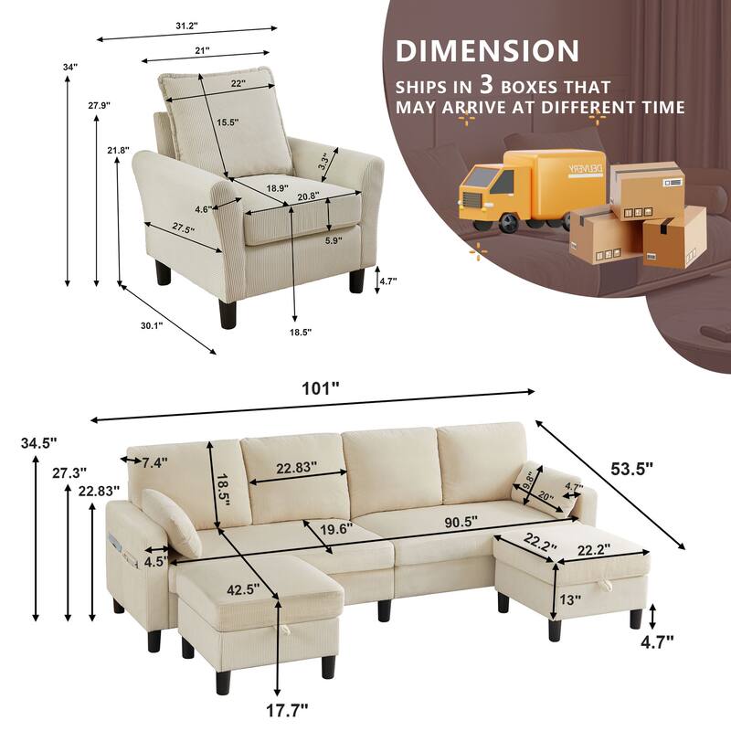 101"Corduroy 3 Piece Living Room Set Including 4 Seater Sofa ,2 Storage Ottoman and Chair