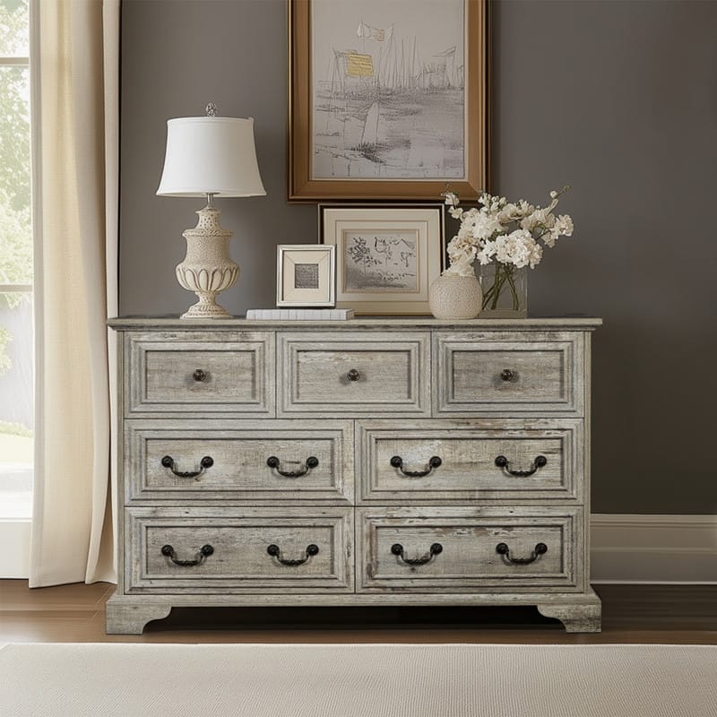 Farmhouse 7 Drawers Dresser for Bedroom, Rustic Chest of Drawers with Natural Texture - Ancient Oak