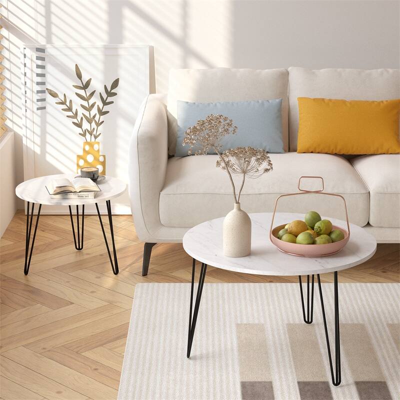 27.56" Round Nesting Coffee Table with Metal Base (Set of 2)