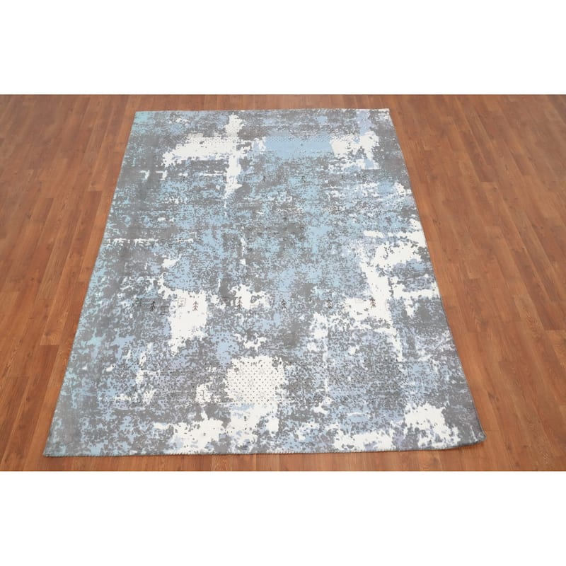Hand Knotted Oriental Viscose Silk Carpet Modern Abstract Navy Blue & Blues Abstract Area Rug - 7' 5'' X 5' 4''