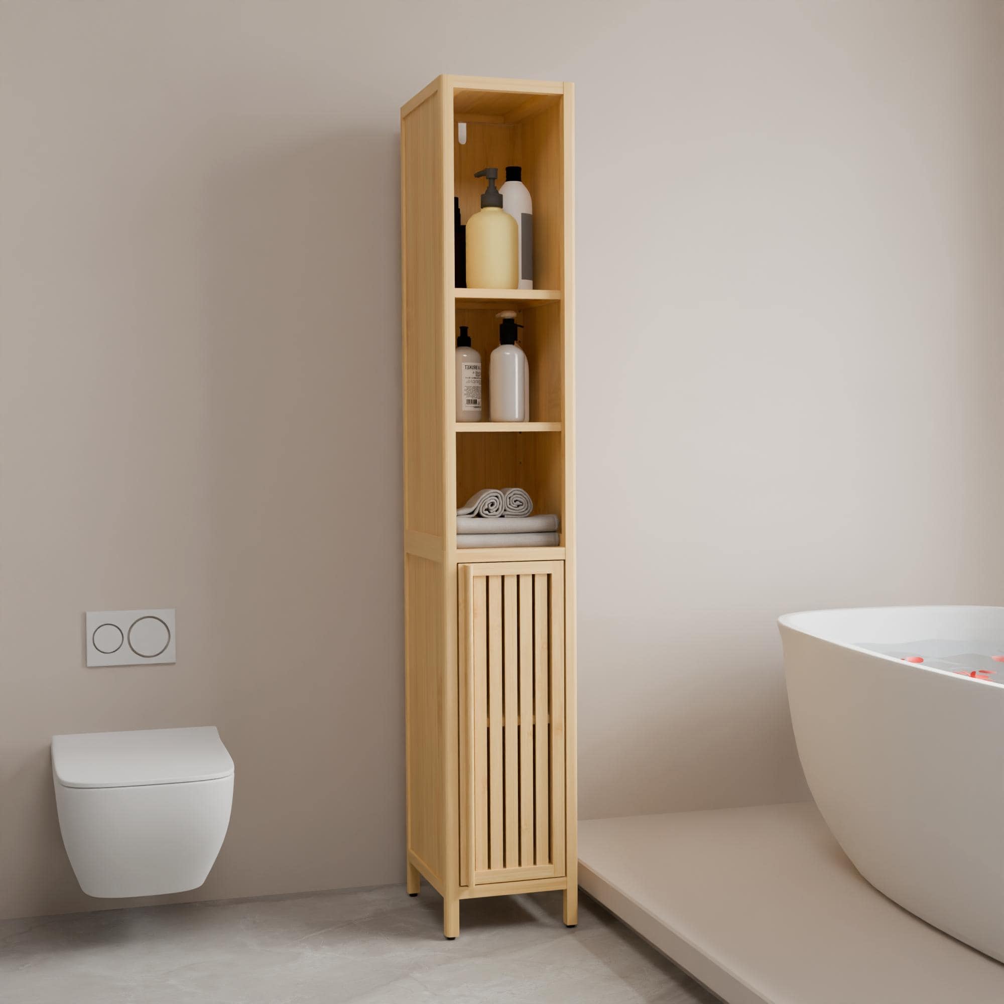 GDFStudio - Freestanding Slim 64.8'' Tall Linen Tower Storage Cabinet with Bamboo Shelves and Door for Versatile Home Use