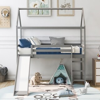 Twin Size Loft Bed with Slide, House-shaped Bed with Ladder, Pine Wooden Bed with Guardrails for Bedroom, Gray