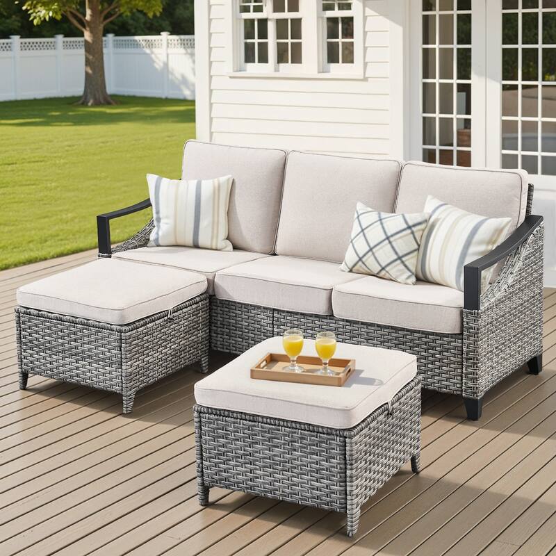 Pocassy Outdoor Sofa Swivel Patio Chair Table with Ottoman Set - Gray Wicker Beige Cushion - 3-Piece 3-Seat Sofa with Ottoman