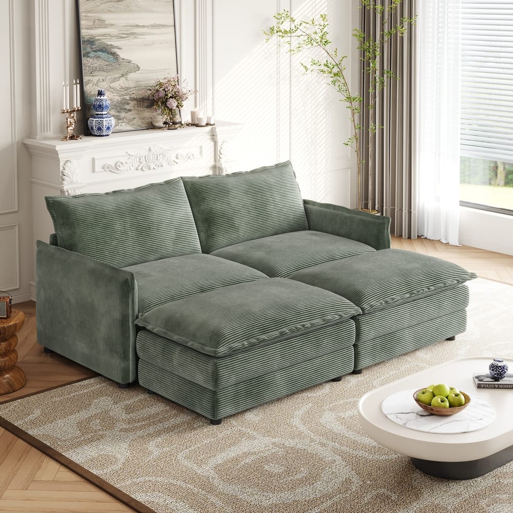 Corduroy Cloud Sleeper Sofa Bed Modular Sectional Sofa with Chaise Lounge Living Room Loveseat Couch with 2 Ottomans