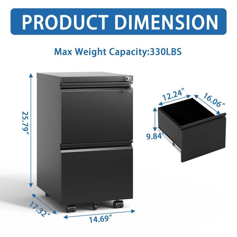 2 Drawer Metal Mobile File Cabinet - Black