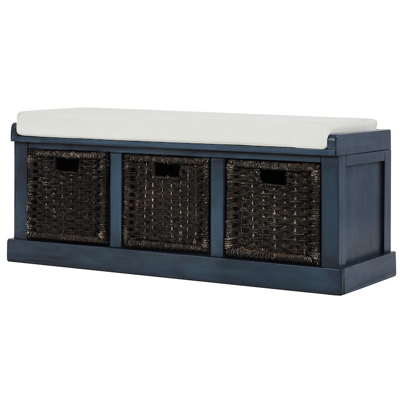 Rustic Storage Bench with 3 Removable Rattan Baskets and Cushion, Entryway Bench with MDF Frame, No Assembly Required