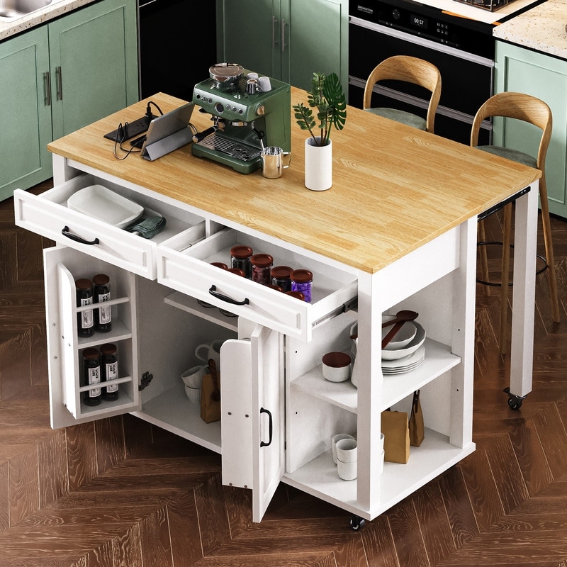 47 Inch Kitchen Island with Extendable Dining Table, Veneer Kitchen Cart with Storage Rack and Power Outlet