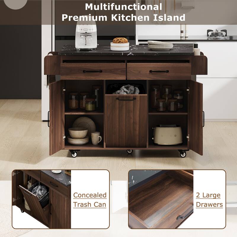 Kitchen Island w/Trash Storage, Drop Leaf, Spice & Towel Racks, Drawer, Adjustable Shelf & Wheels