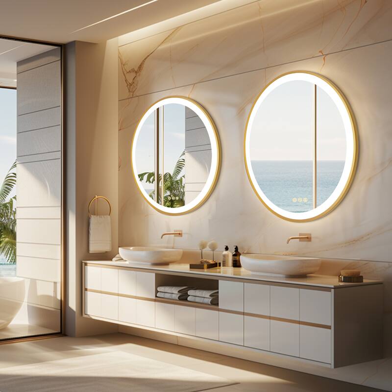 Gold Framed LED Wall Bathroom Vanity Mirror 3 Color Dimmable Anti Fog