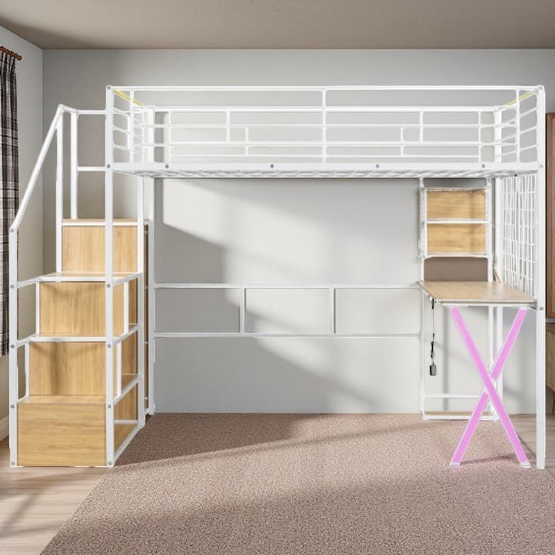 Full Size Metal Loft Bed with Desk, LED-Lit Shelves, Built-in Wardrobe, and Storage Stairs, Workstation Combo for Kids or Teens - Full White - Full