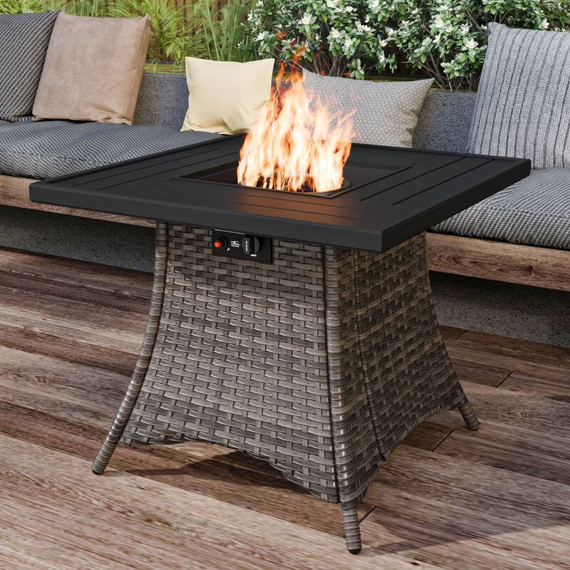 Cozywor 31.7in Propane Square Fire Pit Gas Fire Pit Table with Lid and Metal Tabletop, CSA with Lava Rocks - Black