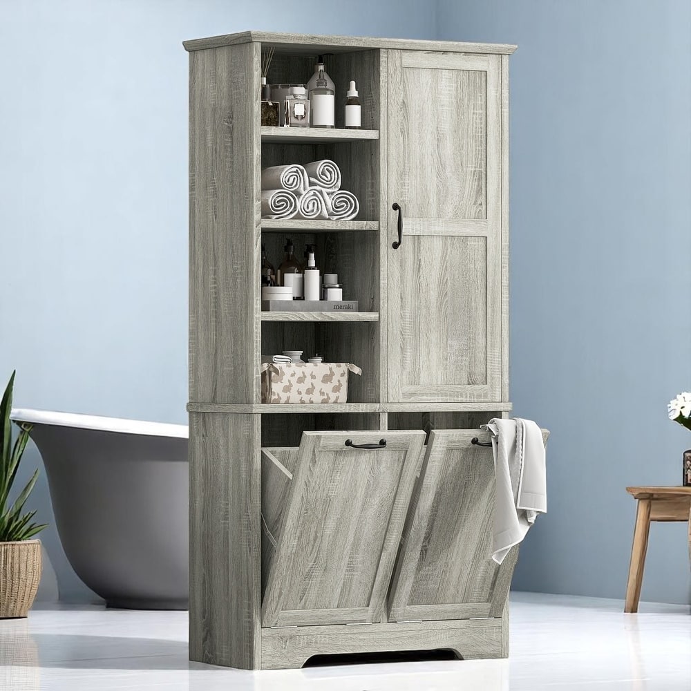 Bathroom Storage Cabinet with Tilt-Out Laundry Hampers, Adjustable Shelves & Door, Freestanding MDF Organizer
