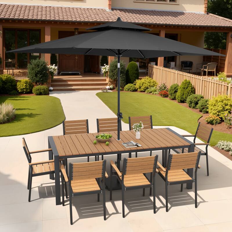 9/11-Piece Patio Dining Set Aluminum Dining Table and Chairs w/10 ft Market Umbrella and Base with Wheels - Set of 11 - Brown Table with Black Umbrella