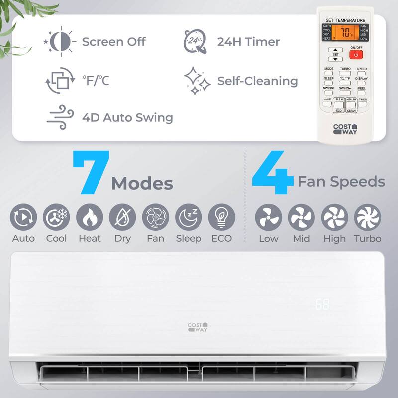 Costway 12000 BTU Mini Split Air Conditioner & Heater with 1 Ton Heat - See Details