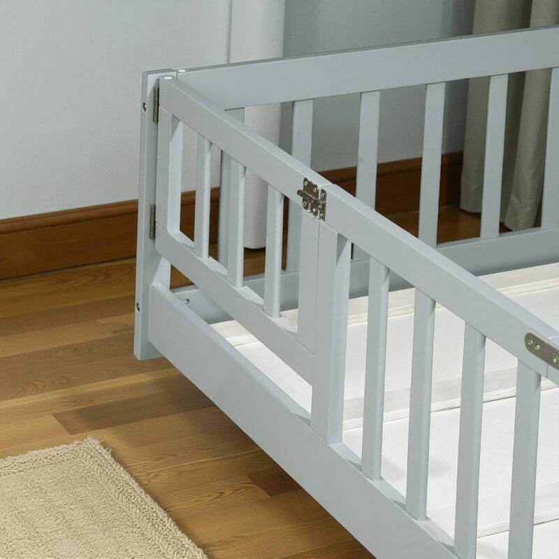 Twin Size Rubber Wood Floor Bed with Fence and Door, Montessori Platform Bed with Safety Guardrails for Kids